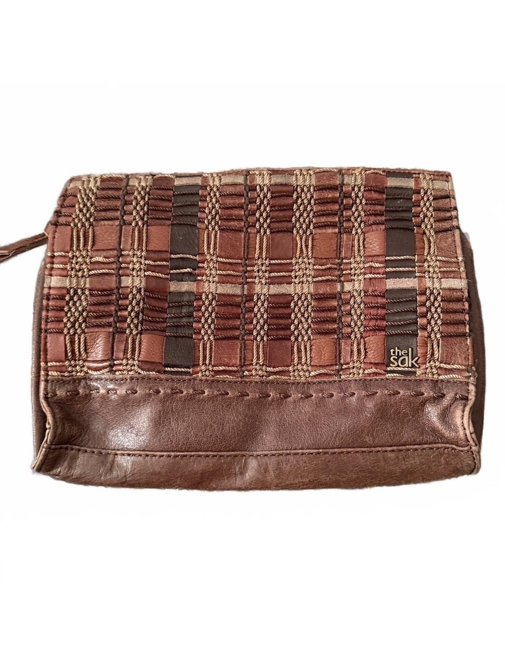 The Sak Brown Woven Patchwork Leather Clutch Wristlet Organizer Wallet Boho